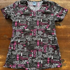 Zoe + Chloe Scrub Top "Blessed" Angels‎ Nurse Hearts Stethoscope SZ XS Adorable